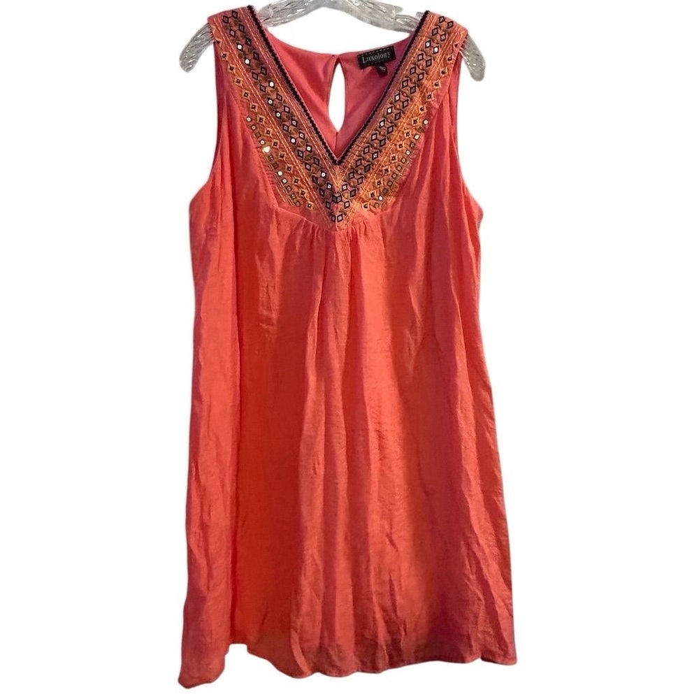 Luxology Women's‎ L Salmon Pink Boho Embroidered Sleeveless Sundress